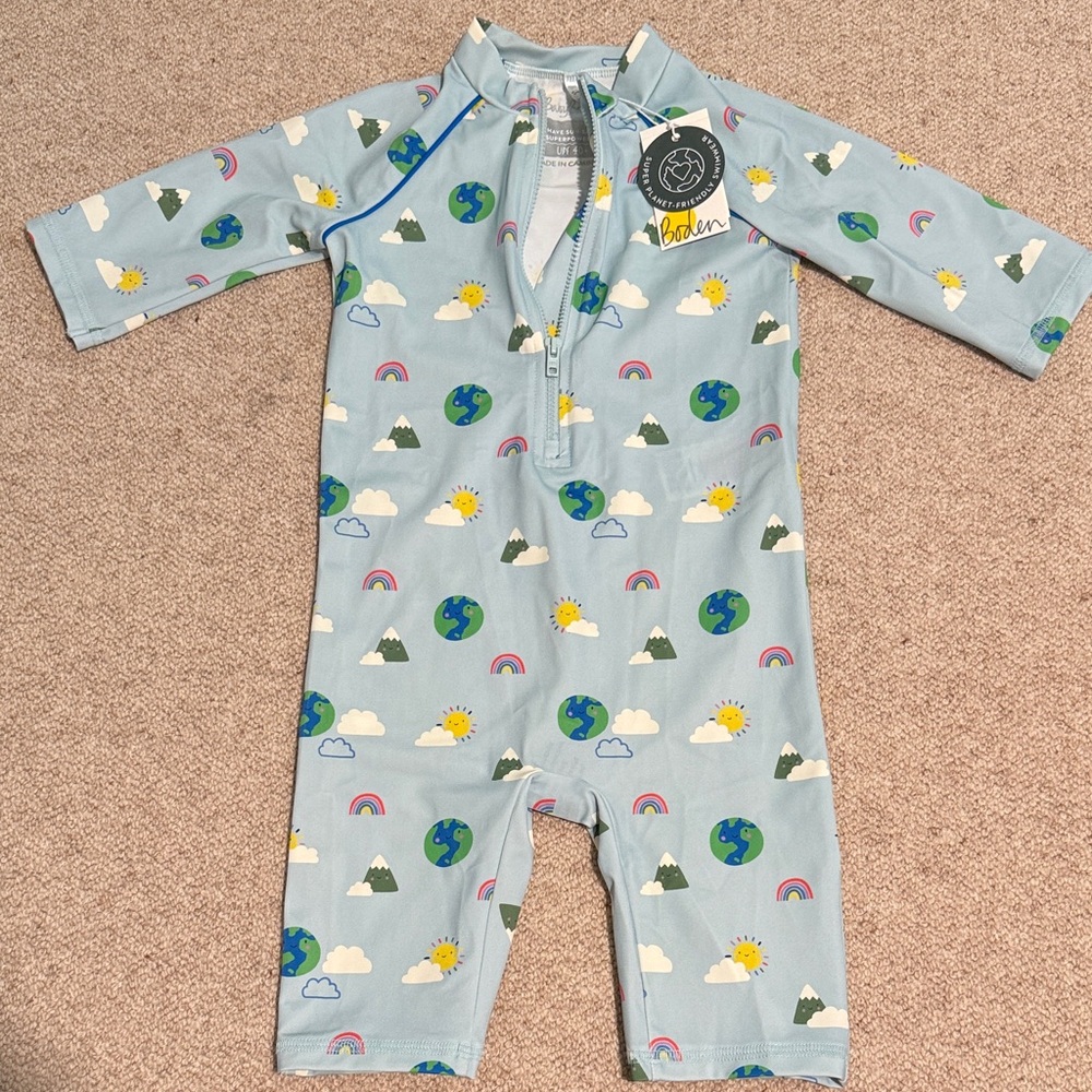 Boden Light Blue Earth and Rainbow Kids Bodysuit